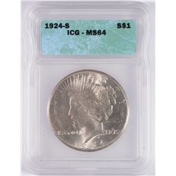 1924-S PEACE DOLLAR ICG MS-64 BLAST WHITE AND NICE!