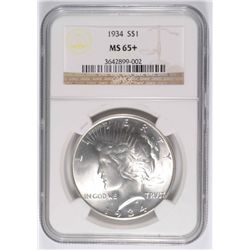 1934 PEACE SILVER DOLLAR, NGC MS-65+ BLAST WHITE, LOOKS MS-66 FOR SURE VERY RARE