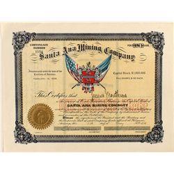 Santa Ana Mining Company Stock Certificate, 1898.