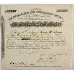 EXTRA RARE Sierra Nevada Lake Water & Mining Company Stock Certificate