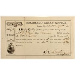 Colorado Assay Office Receipt, Central City, C.T., Montana Mining District, 1868