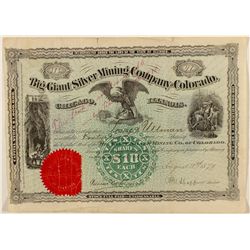 Big Giant Silver Mining Co. of CO Stock Cert.