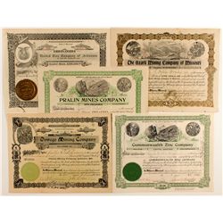 Five Missouri Mining Stock Certificates