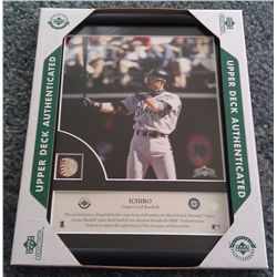 ICHIRO SUZUKI 2002 UPPER DECK FRAMED PHOTO & BALL PIECE