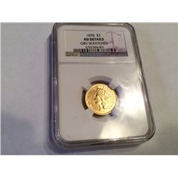 1878 $3 GOLD INDIAN PRINCESS. NGC AU DETAILS