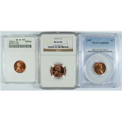 1958-D ANACS MS-64 RD, 1957 PCGS MS-66 RB, 1957-D NGC MS-66 RD LINCOLN CENTS