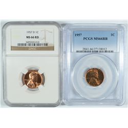 1957-D NGC MS-66 RD & 1957 PCGS MS-66 RB LINCOLN CENTS