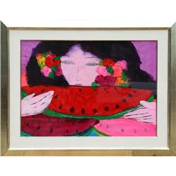 Walasse Ting, Woman Eating Watermelon, Watercolor Painting