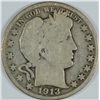 Image 1 : 1913 BARBER HALF DOLLAR, GOOD/VG   KEY DATE!