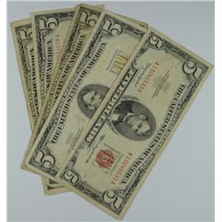 LOT OF (5) $5.00 US NOTES: 1-1963 YELLOW SEAL, RARE!, 1-1953 & 3 1963 RED SEALS