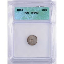 1852 3 CENT SILVER, ICG MS-62 ORIGINAL!