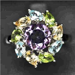 WHITE GOLD OVER STERLING SILVER AMETHYST & TOPAZ RING