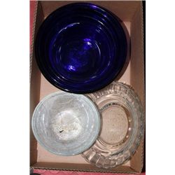 4 PIECE BLUE GLASS BOWLS , SALD BOWLS AND