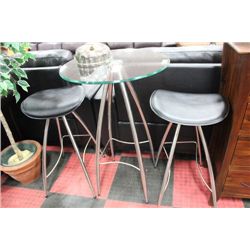 CHROME AND GLASS CONVERSATION TABLE W 2 STOOLS