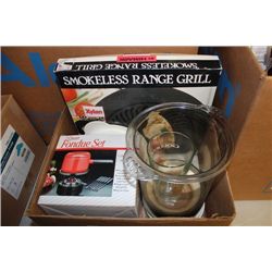 BOX W/ SMOKELESS RANGE GRILL/FONDUE SET/FOOD