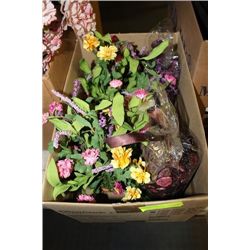 BOX W/ ARTIFICIAL FLOWER ARRANGEMENTS ETC