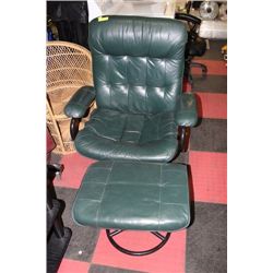 GREEN LEATHER CHAIR W/ OTTOMAN