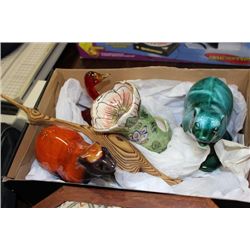 BOX OF BLUE MOUNTAIN POTTERY & MISC. ORNAMENTS