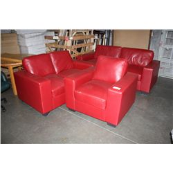 RED LEATHER 3PC SOFA SET; SOFA, LOVESEAT AND CHAIR