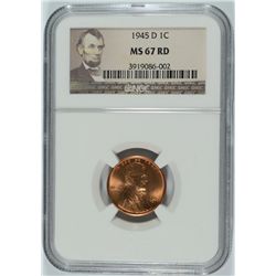 1945-D LINCOLN CENT, NGC MS-67 RED! RARE!!