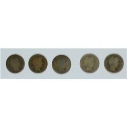 BARBER DIME LOT:ALL NICE CIRCULATED 1899-S, 1900-O, 1892-O, 1899-O & 1893-S