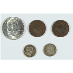 1874 3 CENT-XF, 1865 2 CENT-VF, 1948-D HALF $-BU, 1916-S DIME, 1864 2 CENT-XF