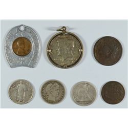 MISC LOT: 1953-D LUCKY PENNY, 1964 KENNEDY 1/2 KEY CHAIN, 1864 2 CENT-F,