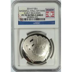 2014 BASEBALL HALL OF FAME SILVER DOLLAR, NGC PROOF-70 EARLY RELEASE!!  WOW!!