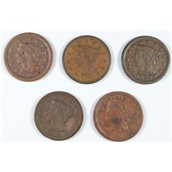 LOT of (5 ) LARGE CENT, VG-F, 1845, '47, '48, '50, '54
