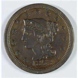 1853 LARGE CENT AU50 CLEANED