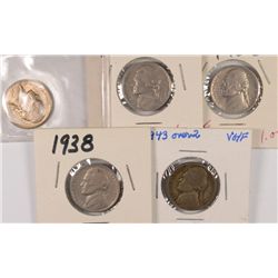 LOT OF ( 5 ) BETTER DATE JEFFERSON NICKELS: 1950-D BU, 1943/2, 1938, 1939, 1938