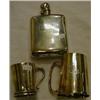 Image 1 : Inscribed silver hip flask and two silver mugs. £40-60