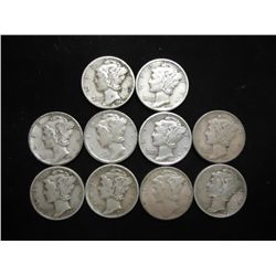 10 ASSORTED 1940'S  MERCURY DIMES
