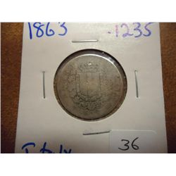 1863 ITALY SILVER 1 LIRE .1235 OZ. ASW