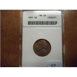 1951 JEFFERSON NICKEL ANACS MS63