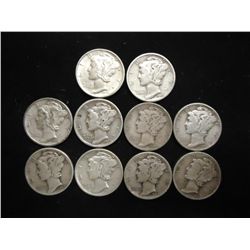10 ASSORTED 1940'S  MERCURY DIMES