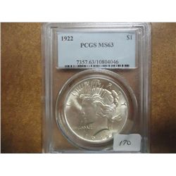 1922 PEACE SILVER DOLLAR PCGS MS63