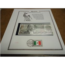 1984 MEXICO CRISP UNC 500 PESOS CURRENCY & STAMP