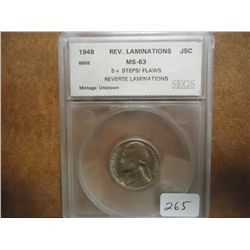 1948 JEFFERSON NICKEL REV. LAMINATIONS SEGS MS63