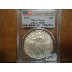 2005 AMERICAN SILVER EAGLE PCGS MS69 1ST STRIKE