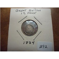 1834 GREAT BRITAIN SILVER 1 1/2 PENCE