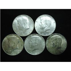 5 ASSORTED 40% SILVER KENNEDY HALF DOLLARS