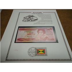 GRENADA $1 CRISP UNC CURRENCY & STAMP SET
