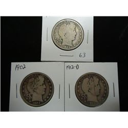 1899,1902 & 1912-D BARBER HALF DOLLARS