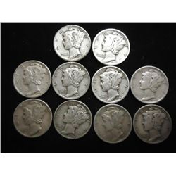 10 ASSORTED 1940'S MERCURY DIMES