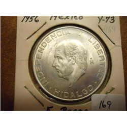 1956 MEXICO SILVER 5 PESOS UNC