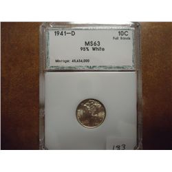 1941-D MERCURY DIME PCI MS63 FULL BANDS 95% WHITE