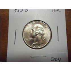 1953-D WASHINGTON SILVER QUARTER UNC