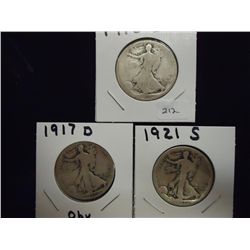 1916-D, 17-D OBV. & 21-S WALKING LIBERTY HALVES