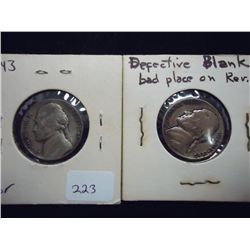 ERROR 2-1943 JEFFERSON NICKELS 1 WITH PLANCHET